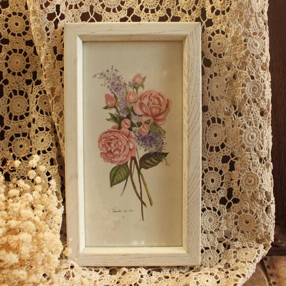 Vintage 1990s Botanical Print, Framed Pink Rose Flower Wall Art in White Frame - Picture 1 of 12